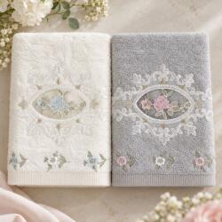 Arliva Home Set 2 prosoape bambus 50x90 cu broderii si dantela, ecru-gri, ambalaj cadou, 500gr/m2 Prosop