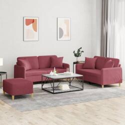 vidaXL Set canapele 3 piese cu perne si taburet, rosu vin, material textil (3202116) Canapea