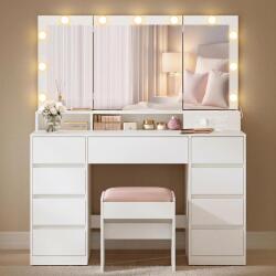  VASAGLE Masa de toaleta Kailyn cu oglinda tripla, 11 becuri LED, 9 sertare, prize si USB, taburet inclus, 107x40x144 cm, alb (EZ-RDT146WB01)