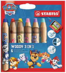 STABILO Színesceruza készlet, kerek, vastag, hegyezővel, STABILO Woody 3 in 1, Mancs őrjárat, 6 különböző szín (TST88068) (8806-8)