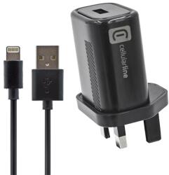 Cellularline Încărcător de călătorie CELLULARLINE cu priză USB de 12 W, cu împământare + cablu Lightning, NEGRU (ACHKITMFI12WUKK)