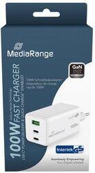 MediaRange 100W GaN Fast Charging Adapter(EU-Plug), 2x USB-C 1x USB-A, USB-C Power Delivery Quick Charge enabled, White (MRMA123)