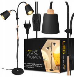 LEDTechnics Álló Padló Lámpa Fekete Fa Mozgatható 170cm 2x E27 Led Bekapcsoló (8566)