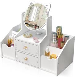 EMC ONSHOP Organizator pentru Cosmetice si Machiaj cu Oglinda Urechi de Pisica EMC ONSHOP®, 2 Sertare, Compartimente Multiple pentru Rujuri si Pensule, Material Impermeabil si Lavabil, Asamblare DIY, 40x20 cm, A Raft