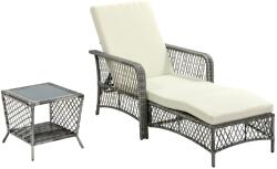  PE rattan napozóágy szett kávézóasztallal, acél/PE rattan/poliészter, napozóágy 74x192x31-88cm + asztal 45x45x42cm, 5 fokozatú háttámla, 2 kerék, edzett üveg asztallap, párna mosható huzattal