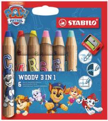 STABILO Set de creioane colorate, rotunde, groase, cu ascuțitoare, STABILO „Woody 3 în 1, Patrula Mancs, 6 culori diferite (8806-8)