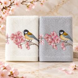 Arliva Home Set 2 prosoape bambus 50x90 cu broderie pasarele si flori de cires, ecru-gri, ambalaj cadou, 500gr/m2 Prosop