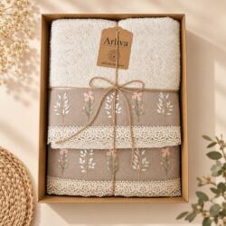 Arliva Home Set 2 prosoape 50x90 si 70x140, bumbac cu broderie flori si dantela, 500 g/m2, bej Prosop