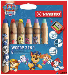 STABILO Színesceruza készlet, kerek, vastag, hegyezővel, STABILO "Woody 3 in 1", Mancs őrjárat, 6 különböző szín (8806-8) - alter