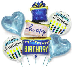 Flippy Baloane pentru aniversare, Flippy, tematica Happy Birthday, set 5 baloane, 1 Cadouri, 2 inimi, 2 rotunde, din folie de aluminiu, pai de carton inclus, 60 x 124 cm Albastru (teo-129921)
