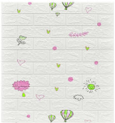 Flippy Set 10 Placi Tapet 3D, Flippy, 70 x 77 cm, Grosime 3 mm, din Polietilena, Tip Caramida, Model cu Baloane, Suprafata acoperita 5.3 mp, Alb (teo-128811)