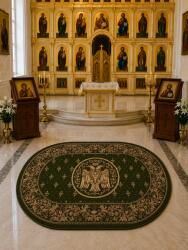 LOTOS Covor Oval Bisericesc Lotos 15077-310, Imprimeu cu Vultur Bicefal, Marime 200 x 300 cm, Verde, Inaltime Fir 8 mm, Antialergic, Polipropilena, Manastire, Biserica, Altar, Naos, Pronaos, Capela Covor