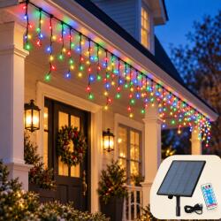 Welora Instalatie de Craciun solara tip turturi/franjuri, Lungime 12m - 320 LED-uri, 8 Moduri de iluminare, Telecomanda, Fir verde, Multicolor (DR8-14-007-RGB)