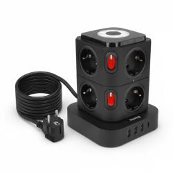  Prelungitor vertical cu LED, 8 prize AC, 3 USB-A + 1 USB-C - Incarcare rapida mobila, Lampa de noptiera deasupra, CABLU 1.8M, NEGRU