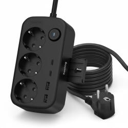 Huslog Cordon prelungitor Huslog, 3 prize, 4 porturi USB, suport telefon, cablu 1.4m, negru