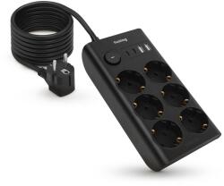  Prelungitor plat, 6 prize Schuko, 4 porturi USB, Cablu de 1, 5 m, Negru