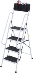 HOMCOM Scară pliabilă 4 trepte XL cu trepte antiderapante, bare duble de siguranță, geantă scule, max. 1, 55 m, 150 kg, otel, alb/negru | Aosom Romania (B72-023V01)