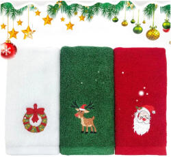 Malatec Pamut karácsonyi törölköző készlet hímzett Mikulás és rénszarvas mintával, ünnepi konyhai dísz, többszínű, 3 db-os szett, 32x45 cm