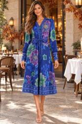 RohBoutique Rochie midi albastru cu imprimeu floral, buzunare si un cordon Dr4856