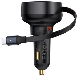 Baseus Enjoyment Pro autós gyorstöltő 60W, USB-A + USB-C automata behúzós kábel, fekete