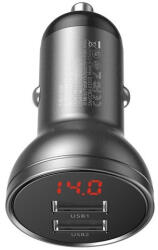 Baseus autós szivargyújtó töltő kijelzővel, 2xUSB, 4.8A, 24W, szürke