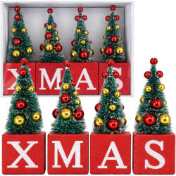 Malatec Fa karácsonyi asztaldísz fenyőfákkal és XMAS feliratú kockákkal, ünnepi fa dekoráció 17 × 12 × 4 cm