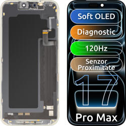 MP Display cu Touchscreen si Senzor Proximitate Lumina MP compatibil cu Apple iPhone 17 Pro Max, cu Rama, Versiune Soft OLED FHD 120Hz Diagnostic, Negru