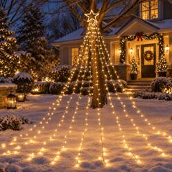 Welora Instalație solară de Crăciun tip brad cu stea, 350 LED-uri, Lungime 3, 5 m, Lumină caldă, rece sau multicoloră, Alb Cald (QX-DC2152WW)