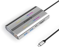 ORICO XDR 12in1 RGB USB-C Docking Station USB-A USB-C 2x HDMI 4K 60 Hz DisplayPort 4K 60 Hz RJ45 Gigabit PD 100W SD and microSD Card Reader - Silver (ORICO-XDR-X3-SV-BP)