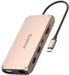 ORICO XCR 12in1 USB-C Docking Station 2x USB-A 3.1 1x USB-A 2.0 1x USB-C PD 100W 1x USB-C 3.1 2x HDMI 2.0 4K 60 Hz 1x VGA 1080p 1x SD 3.0 1x microSD 3.0 1x RJ45 Gigabit Ethernet 1x audio CTIA 3.5mm - Rose G