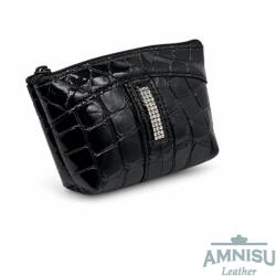 Amnisu Fekete lakk krokkómintás egy cipzáras egyenes swarovski köves bőr kulcstartó E8024