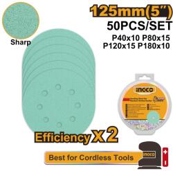 INGCO Smirghel Industrial 125mm AKRS125050 - Set 50 Buc, Granulatii P40/P80/P120/P180, Discuri Slefuire Profesionale pentru Lemn, Metal, Perete (AKRS125050)