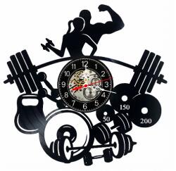  Ceas de perete decorativ realizat din disc de vinil, Model Fitness Gym Couple, Haltera Gantere Kettlebell, Negru, 30 cm