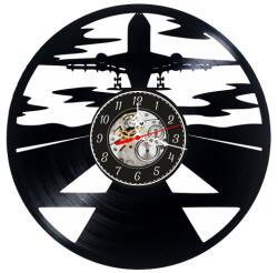  Ceas de perete decorativ realizat din disc de vinil, Model Aviatie, Avion de Linie pe Pista, Cer cu Nori, Cadran Skeleton, Negru, 30 cm