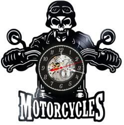  Ceas de perete decorativ realizat din disc de vinil, Model Motociclist Craniu, Ghidon Motocicleta, Motorcycles, Negru, 30 cm