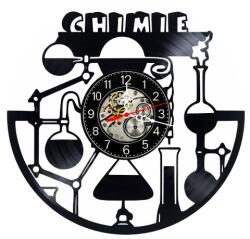  Ceas de perete decorativ realizat din disc de vinil, Model Chimie Laborator Eprubete Baloane Sticla, Negru, 30 cm