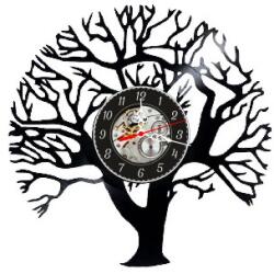 Ceas de perete decorativ realizat din disc de vinil, Model Copacul Vietii Tree of Life, Ramuri Filigranate, Skeleton, Negru, 30 cm