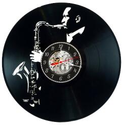  Ceas de perete decorativ realizat din disc de vinil, Model Saxofonist Saxofon, Jazz, Muzica, Negru, 30 cm