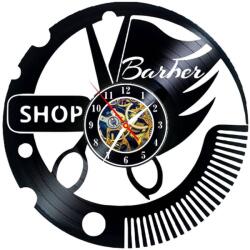  Ceas de perete decorativ realizat din disc de vinil, Model Barber Shop, Foarfeca de Tuns, Pieptene, Text Barber Shop, Cadran Skeleton, Negru, 30 cm