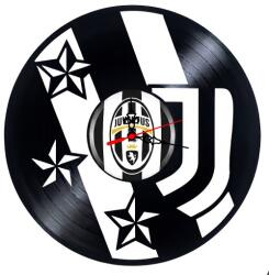  Ceas de perete decorativ realizat din disc de vinil, Model Juventus Torino, Logo Modern J, Emblema Clasica, 3 Stele, Alb Negru, 30 cm