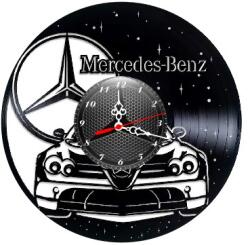 Ceas de perete decorativ realizat din disc de vinil, Model Mercedes-Benz SLR McLaren si Cer Instelat, Negru, 30 cm