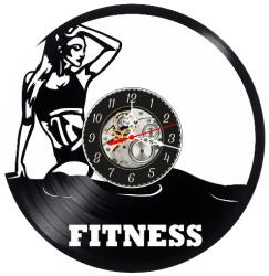  Ceas de perete decorativ realizat din disc de vinil, Model Fitness Girl, Silueta Femeie Atletica si Text Fitness, Negru Premium, 30 cm
