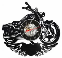  Ceas de perete decorativ realizat din disc de vinil, Model Motocicleta Chopper Biker, Flacari, Aripi Vultur, Cadran Skeleton, Negru, 30 cm