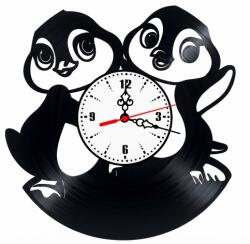  Ceas de perete decorativ realizat din disc de vinil, Model Pinguini Dragalasi Cuplu Animale Copii, Negru, 30 cm