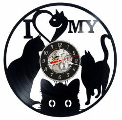  Ceas de perete decorativ realizat din disc de vinil, Model I Love My Cat, Pisici Silueta, Inima, Cadran Skeleton, Negru, 30 cm