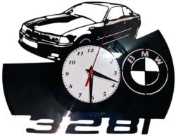  Ceas de perete decorativ realizat din disc de vinil, Model BMW E36 Coupe 328i Sigla Auto, Negru, 30 cm