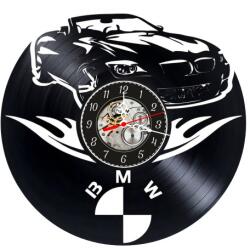  Ceas de perete decorativ realizat din disc de vinil, Model Masina BMW Cabriolet, Flacari Stilizate si Sigla BMW, Negru Premium, 30 cm