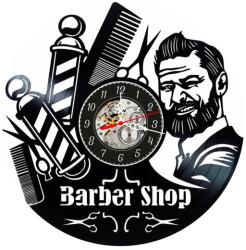 Ceas de perete decorativ realizat din disc de vinil, Model Barber Shop, Portrait Barbat Barbos, Barber Pole, Foarfece si Pieptene, Negru, 30 cm