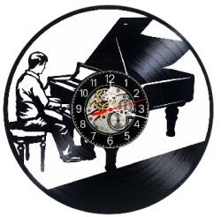  Ceas de perete decorativ realizat din disc de vinil, Model Pianist Pian cu Coada, Muzica Clasica, Negru, 30 cm
