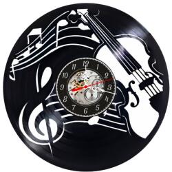  Ceas de perete decorativ realizat din disc de vinil, Model Vioara, Cheia Sol si Portativ, Cadran Skeleton, Negru, 30 cm